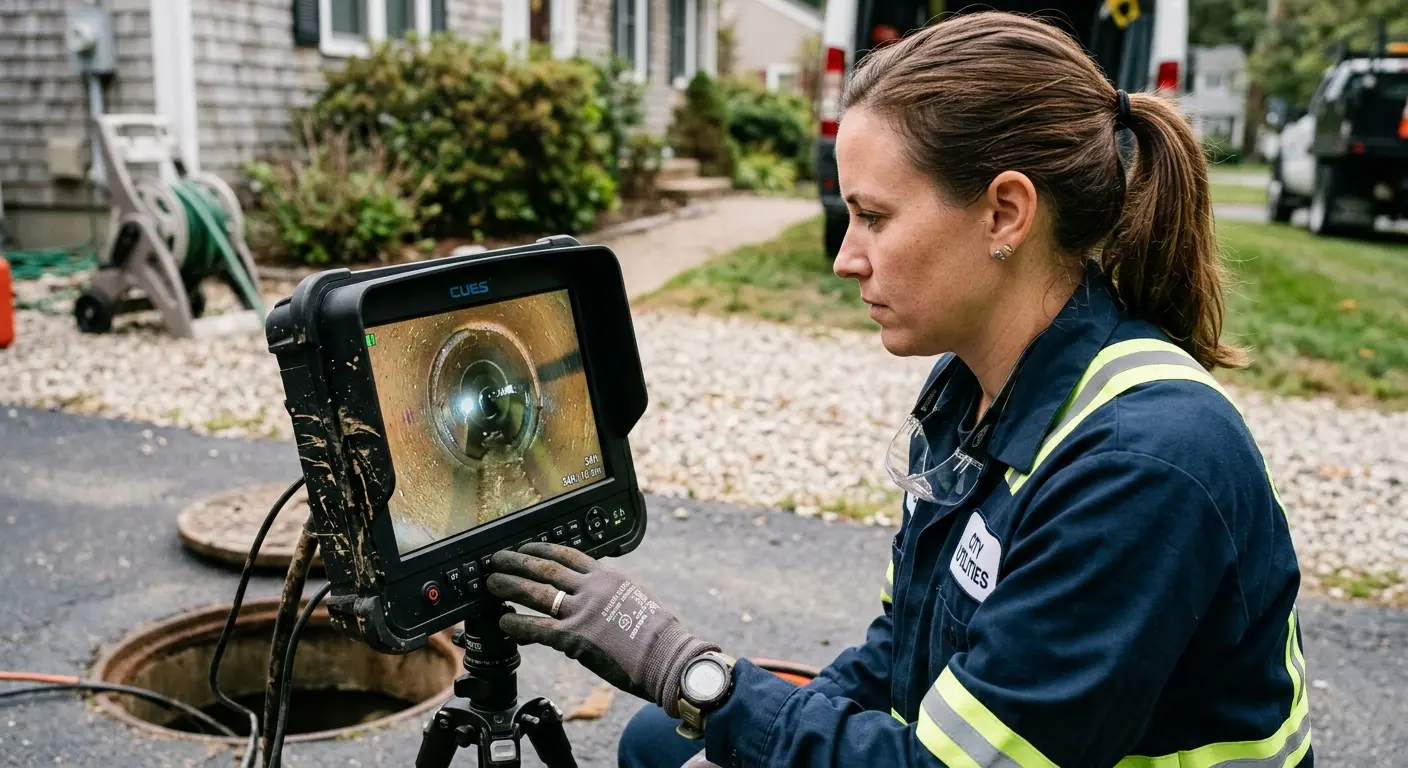 Technician reviewing sewer camera inspection footage in Gray
