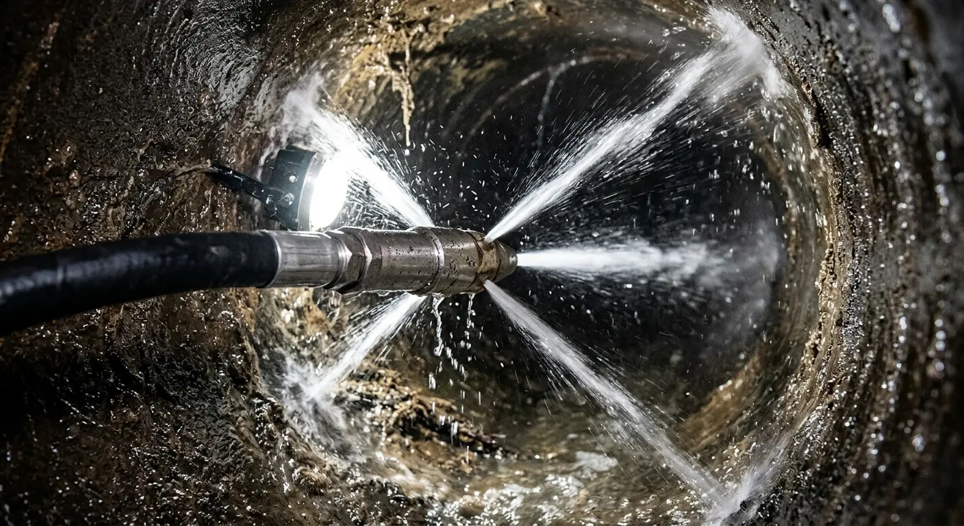 High-pressure hydro jetting nozzle cleaning sewer pipe for Emergency Drain Service in Gray