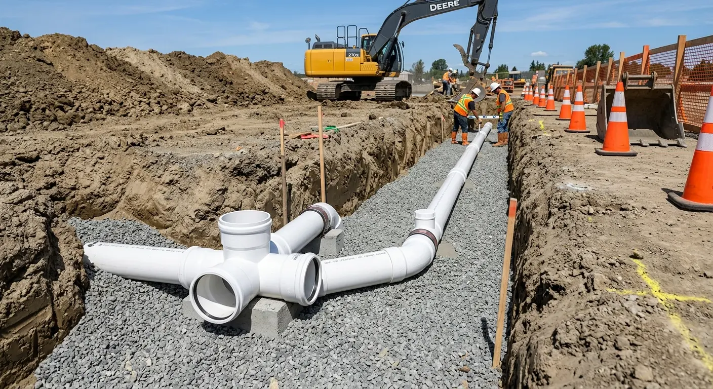 New PVC sewer pipe installation in open trench for Commercial Drain Cleaning in Gray