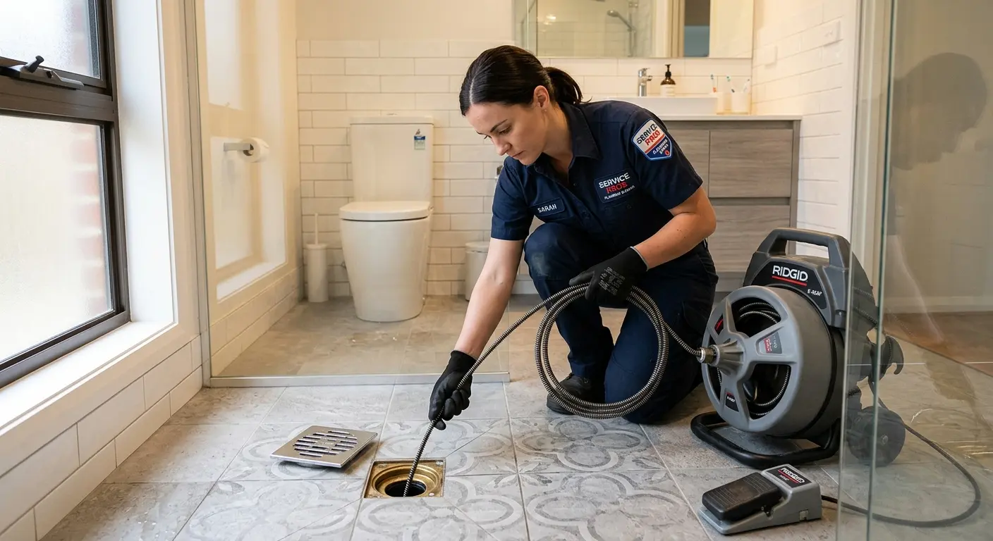 Technician clearing a bathroom floor drain for Hydro Jetting in Gray